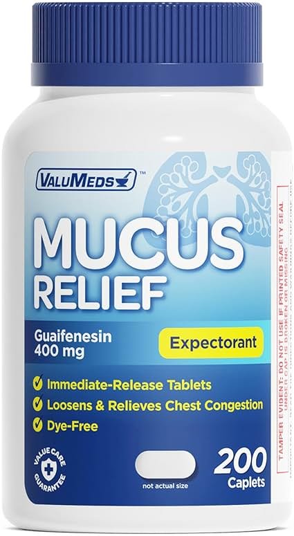 ValuMeds Mucus Relief Guaifenesin 400mg (200 Caplets) | Maximum Strength | Mucus Thinning for Colds, Chest Congestion, Flu, Coughing | Expectorant & Decongestant - Product Image