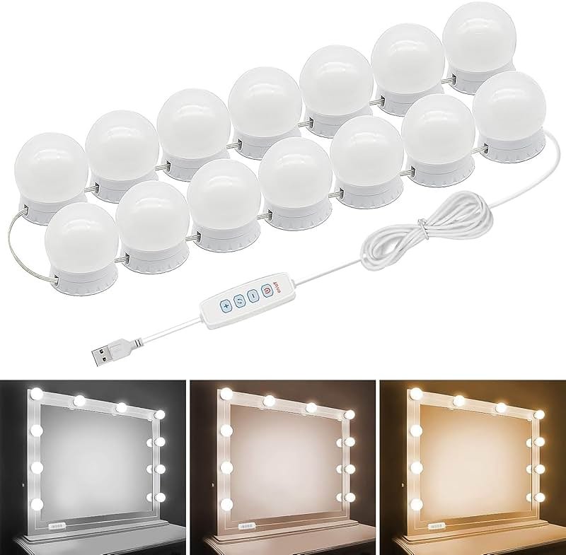 Pretmess LED Vanity Mirror Lights, Hollywood Style With 14 Dimmable Bulbs, Adjustable Color & Brightness, USB Cable, Stick-on for Makeup Table Dressing Room - Product Image