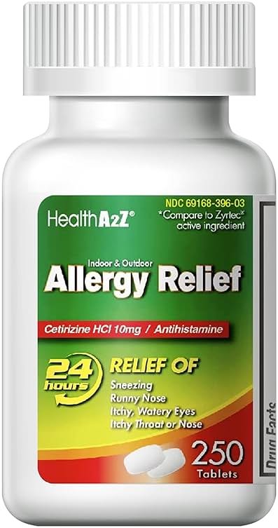 HealthA2Z® Allergy Relief | Cetirizine 10mg | All Day Allergy Relief | Indoor & Outdoor | Relief from Itchy Throat, Sneezing, Runny Noses (250 Count (Pack of 1)) - Product Image