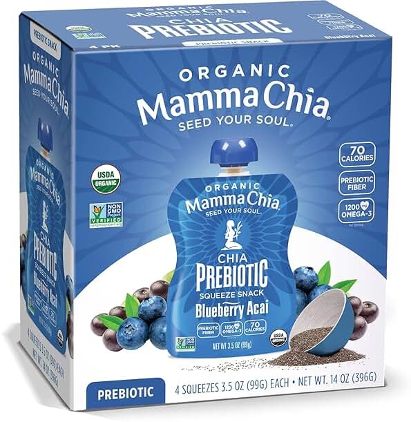 Mamma Chia Organic Prebiotic Squeeze Snack, Blueberry Acai, Fiber-Rich Prebiotic Gut Support, USDA Certified Organic, Non-GMO, Vegan, Gluten Free, 14 Ounce (Pack of 6) - Product Image