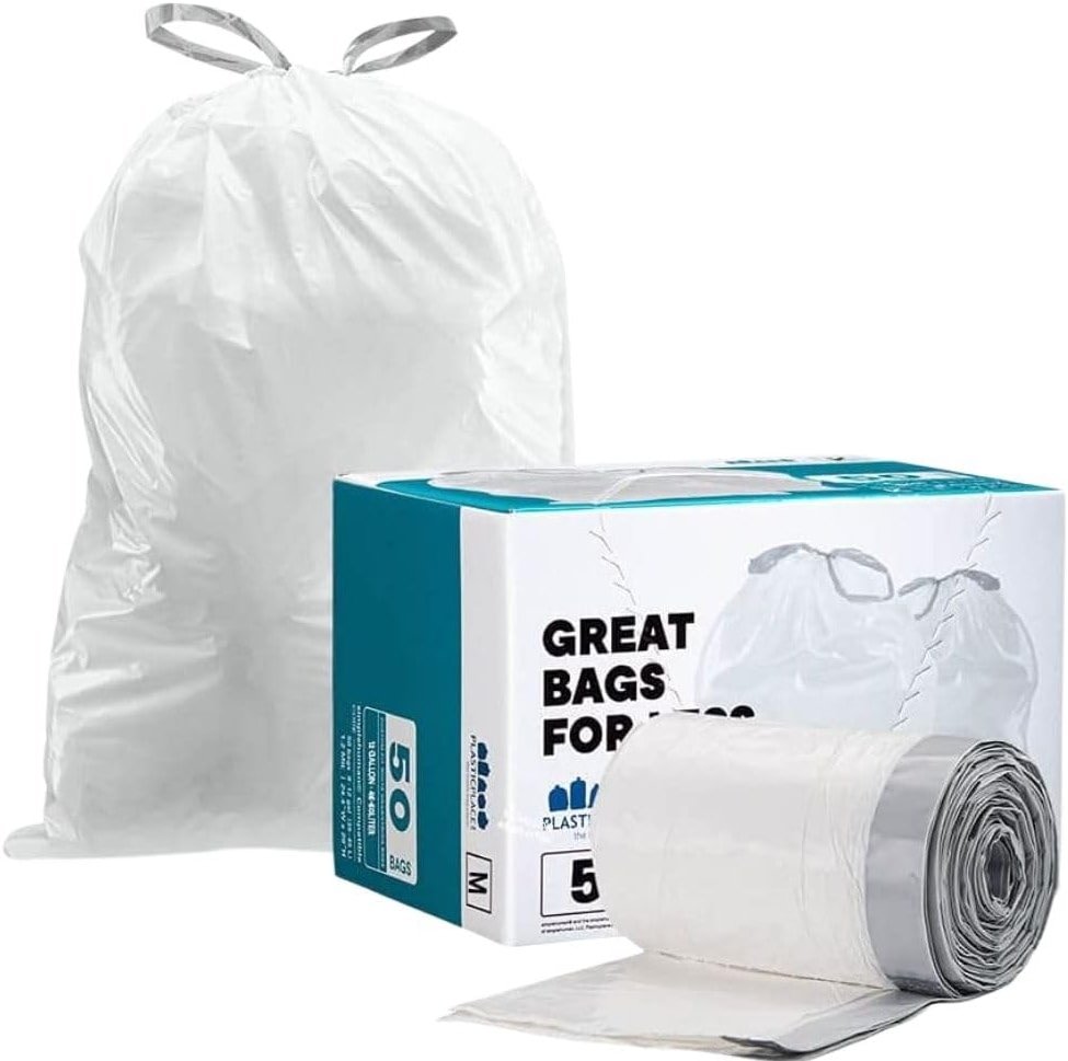 Plasticplace Custom Fit Trash Bags, Compatible with simplehuman Code M (50 Count) White Drawstring Garbage Liners 12 Gallon / 45 Liters, 21" x 30.5" - Product Image