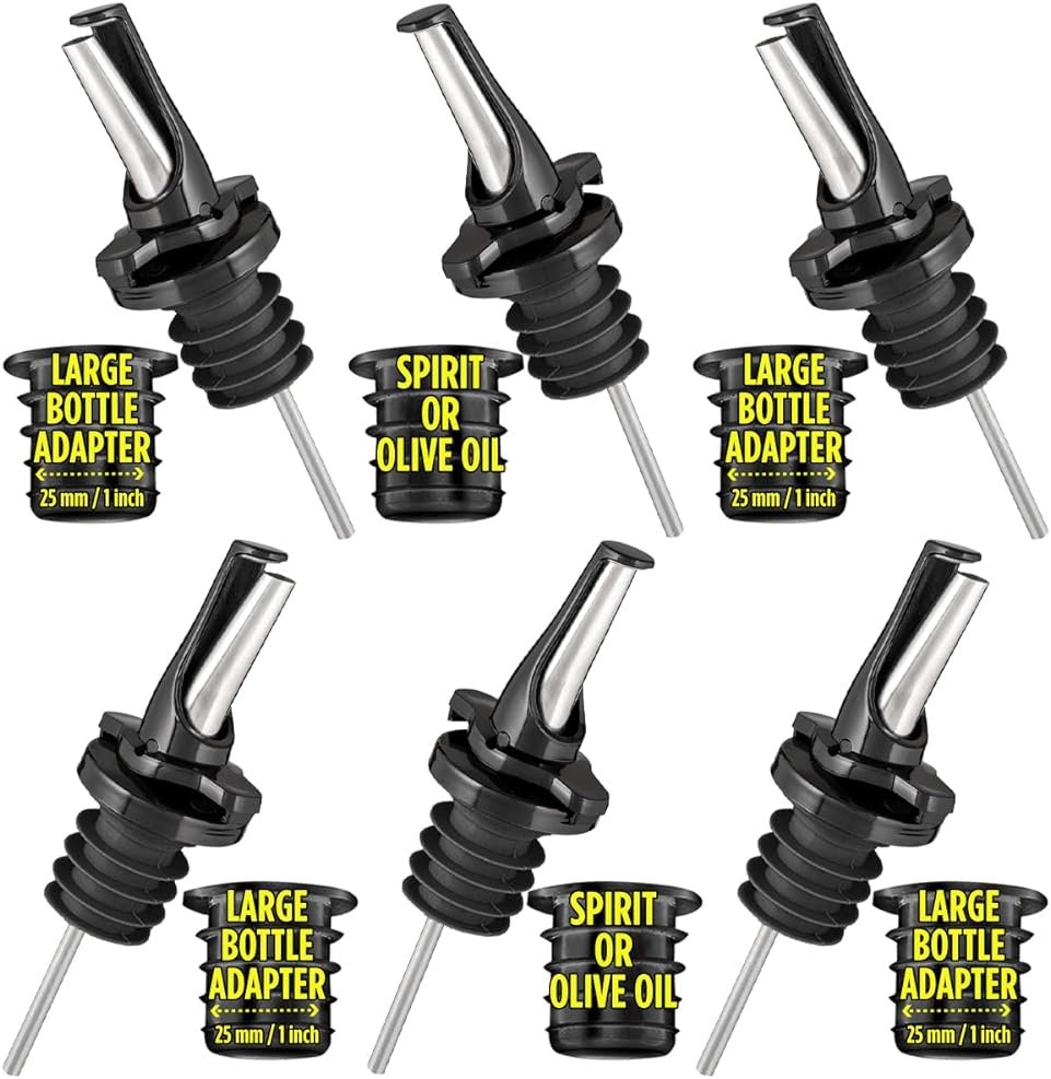 3-in-1 Liquor Pour spout with Built-in Fruit Fly Protection - Dishwasher Safe Hygienic Alcohol Speed Spouts - Also for Olive Oil, Juice, Syrup. Black 6 Pack with 6 Adapters for Large Neck Bottles - Product Image