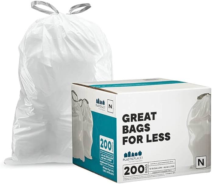 Plasticplace Custom Fit Trash Bags | Compatible with Simplehuman (x) Code N | (200 Count)│White Drawstring Garbage Liners 12-13 Gallon / 45-50 Liters│22.5" x 31.5" - Product Image