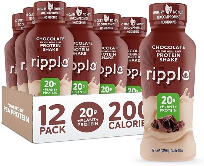 Ripple Vegan Protein Shake | Chocolate | 20g Nutritious Plant Based Pea Protein | Shelf Stable | No GMOs, Soy, Nut, Gluten, Lactose | 12 Oz, 12 Pack - Product Image