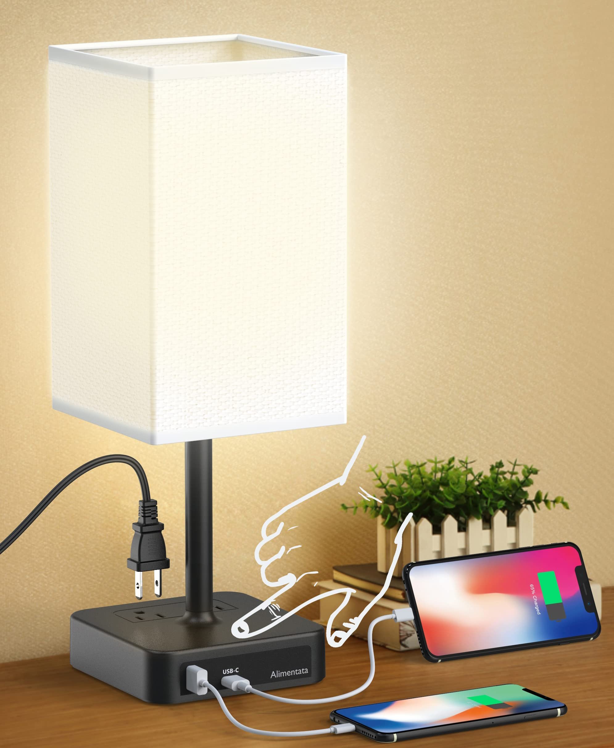 Alimentata Bedside Table Lamp with Touch Control & USB C+A Charging Ports LED Desk Lamp with 2 AC Outlets, Minimalist Nightstand Light with Black Fabric Shade for Bedroom, Living Room, Office, White - Product Image