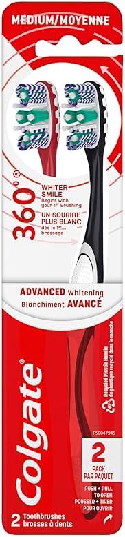 Colgate 360 Optic White Advanced Whitening Toothbrush, Adult Medium Toothbrush with Whitening Cups, Helps Whiten Teeth and Removes Odor Causing Bacteria, 2 Pack - Product Image