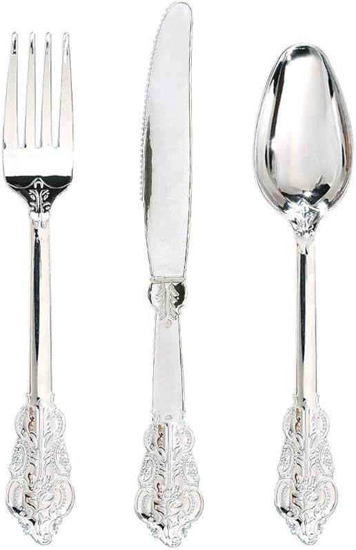 WDF 360 Pieces Silver Plastic Silverware- Disposable Flatware - Heavyweight Plastic Cutlery- Includes 120 Forks, 120 Spoons, 120 Knives for Christmas - Product Image