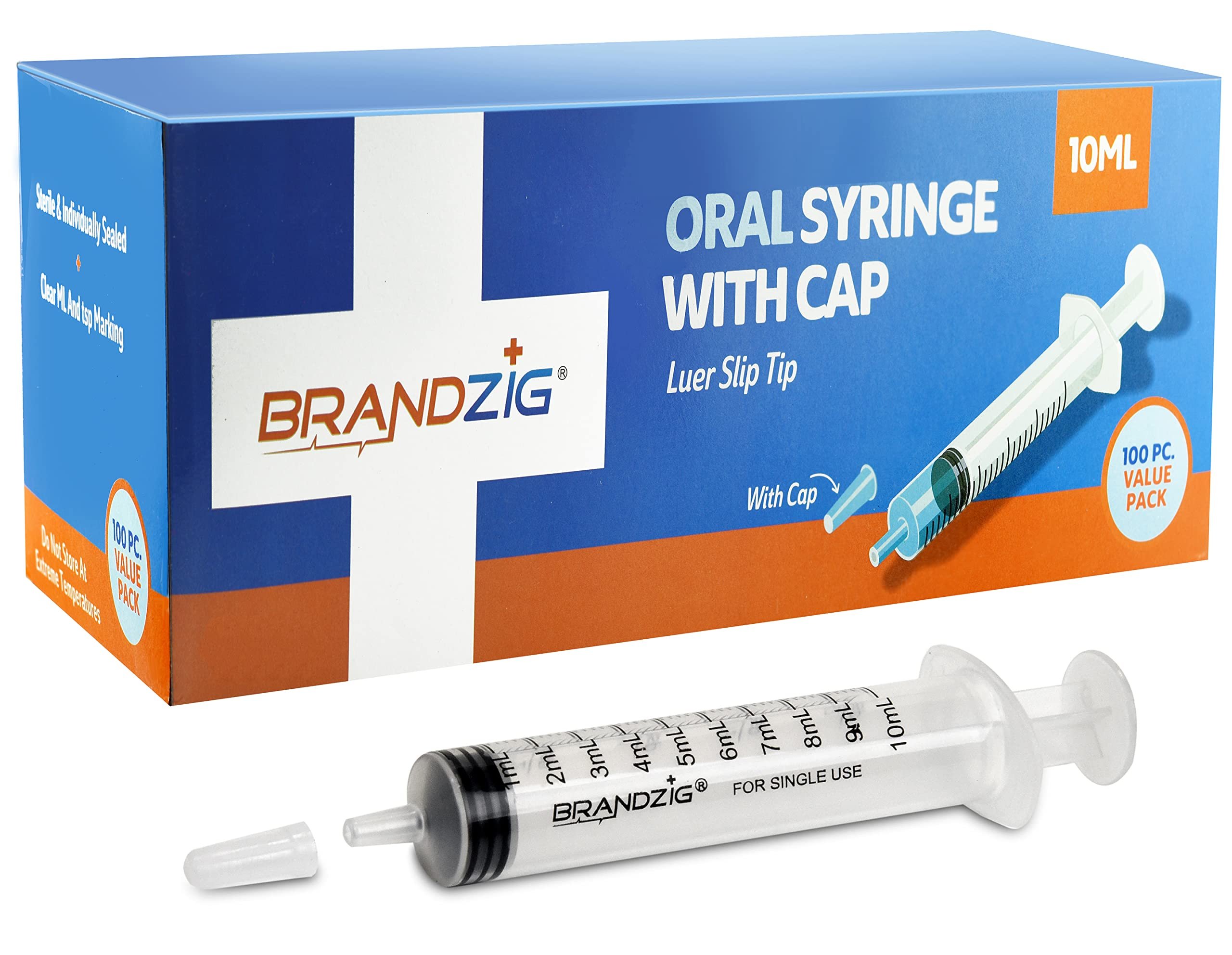 10ml Oral Syringe With Cap (100 Pack) | Oral Dispenser Without Needle, Luer Slip Tip | Individually Wrapped Medicine Dropper For Infants & Pets - Product Image