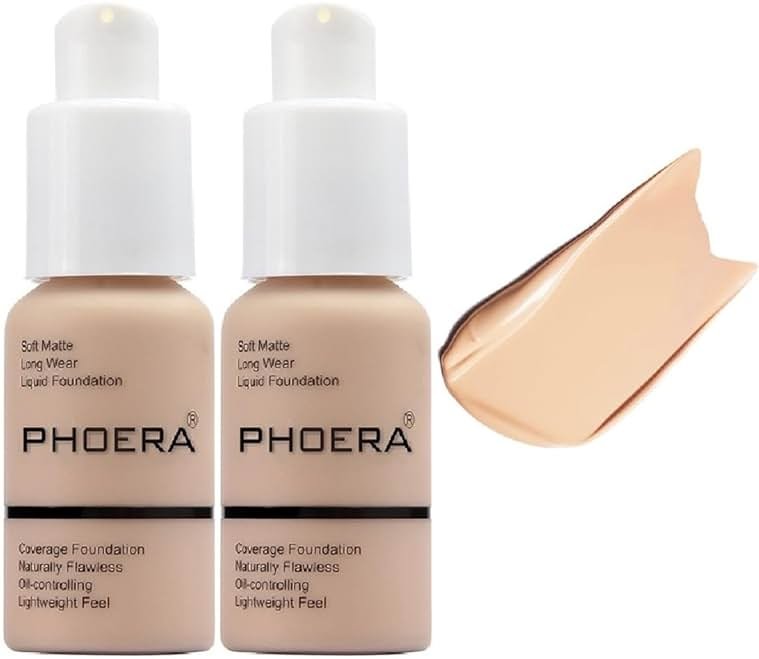 2 Pack PHOERA Foundation, Flawless Soft Matte 24HR Oil Control Full Coverage Foundation Makeup for Women.102 Nude-30ml - Product Image