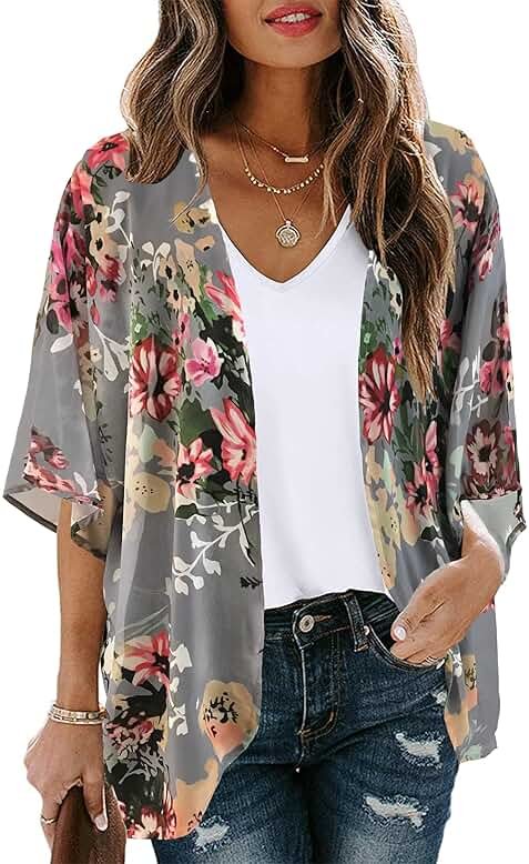 Women's Floral Print Puff Sleeve Kimono Cardigan Loose Cover Up Casual Blouse Tops 2026 - Product Image