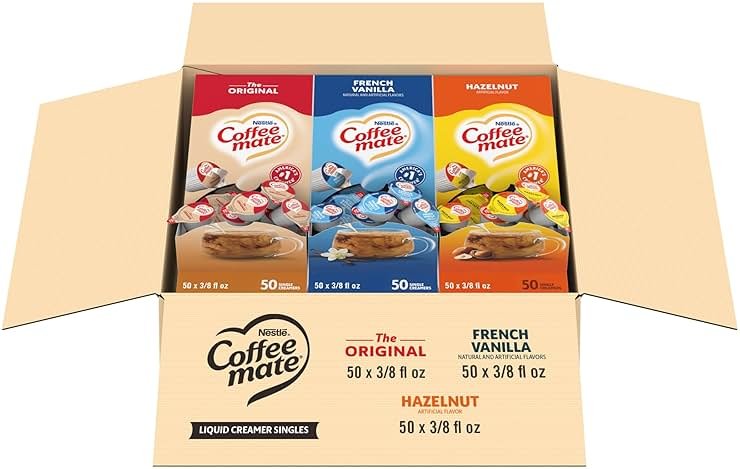 Nestle Coffee mate Creamer Singles Variety Pack, Original, French Vanilla, Hazelnut, Non Dairy, No Refrigeration, 150 Count (Pack of 3) - Product Image