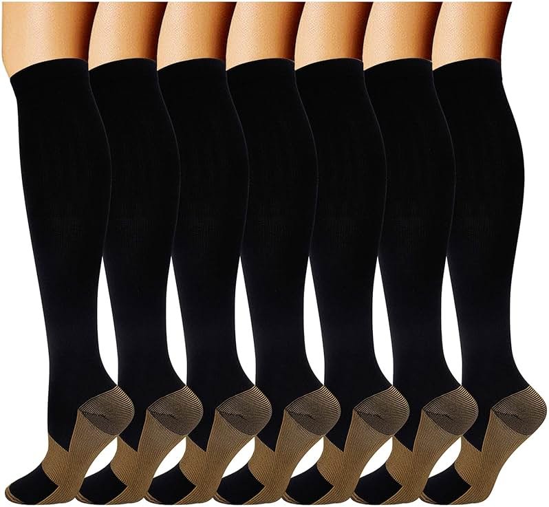 Double Couple 7 Pairs Copper Compression Socks for Men Women 20-30 mmHg Knee High Stockings Best Support for Sports - Product Image