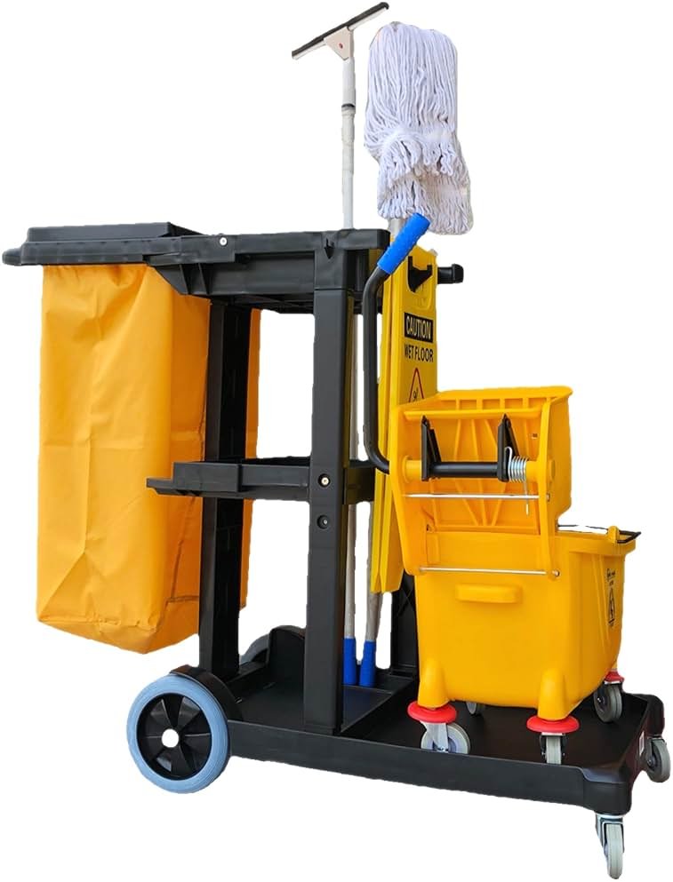 Simpli-Magic Janitorial Cart, 330 lbs Capacity – 3-Shelf Commercial Housekeeping Cleaning Cart on Wheels, 25 Gallon Bag with Lid – Stable, Smooth Movement - Product Image
