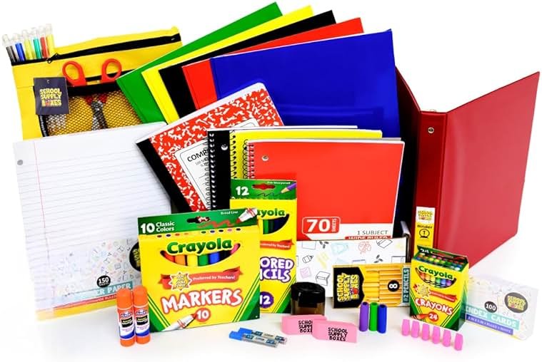Elementary School Essentials Bundle | 1 Box - 91 Pieces per Box | School Supply Boxes - Back to School Essentials | Includes Binders, Folers, Notebooks, Filler Paper, Pencils, Notecards, Pens, & More - Product Image
