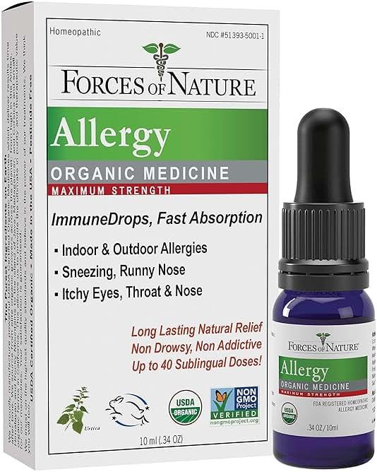 Forces of Nature Allergy Relief, Organic Maximum Strength Homeopathic Medicine, 0.34 Fl Oz, Immune Support & Multi Symptom Relief from Indoor & Outdoor Allergies, Runny Nose, Itchy Eyes, Non-Drowsy - Product Image