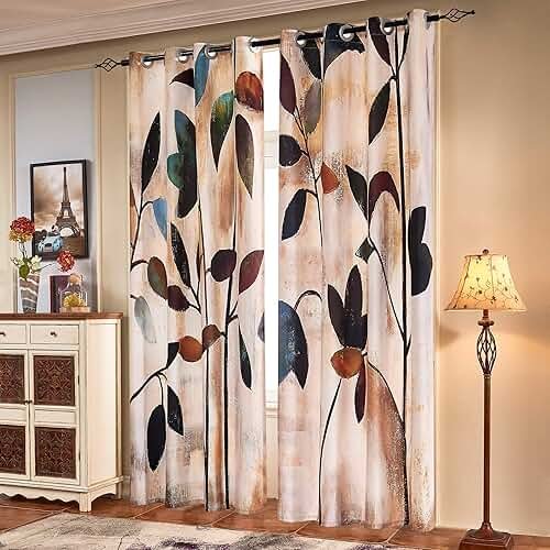 SUBRTEX Light Flitering Curtains 52Wx84L, Room Darkening Vibrant Floral Drapes, 50% Blackout, Semi Sheer Boho Farmhouse Curtains for Living Room, Brown - Product Image