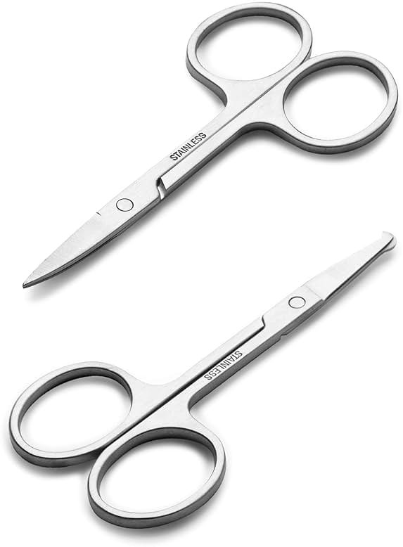 Facial Hair Small Grooming Scissors For Men Women - Eyebrow, Nose Hair, Mustache, Beard, Eyelashes, Ear Trimming Kit - Curved and Rounded Safety Tip Clippers For Hair Cutting - 2PCS Silver - Product Image