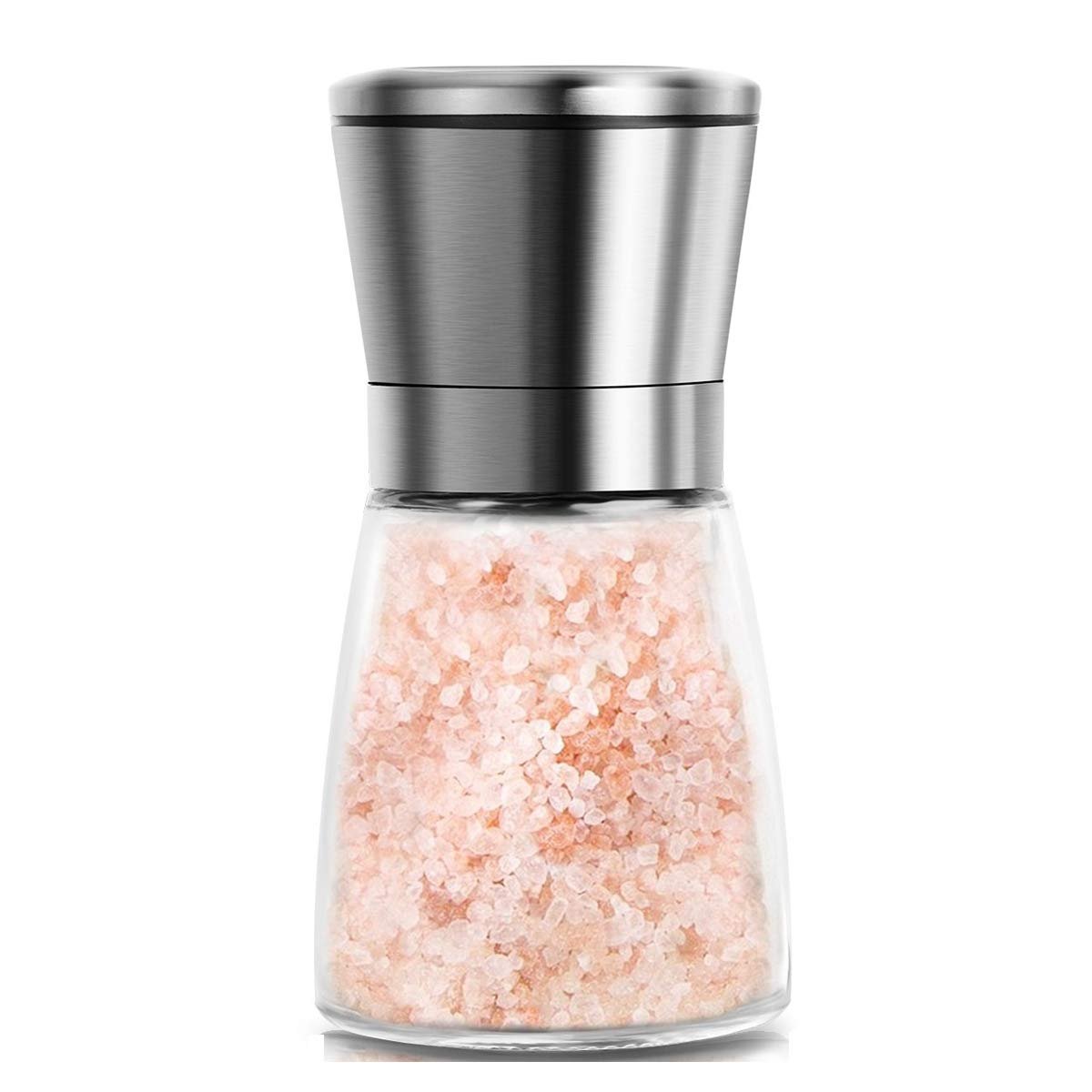 Mincham Manual Salt or Pepper Grinder for Professional Chef, Best Spice Mill with Stainless Steel Cap, Ceramic Blades and Adjustable Coarseness, Refillable Glass Body with 6OZ Capacity - Product Image