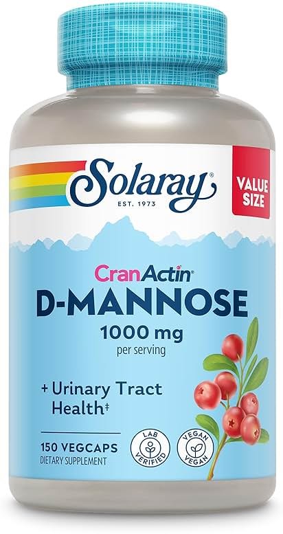 Solaray D-Mannose 1000mg with CranActin Cranberry Supplement 400mg, Urinary Tract Health & Bladder Support Capsules with Vitamin C, Vegan, 60 Day Guarantee, 75 Servings, 150 VegCaps - Product Image