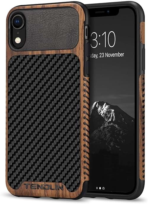 TENDLIN Compatible with iPhone XR Case Wood Grain with Carbon Fiber Texture Design Leather Hybrid Slim Case Compatible with iPhone XR (Carbon & Leather & Wood) Black - Product Image
