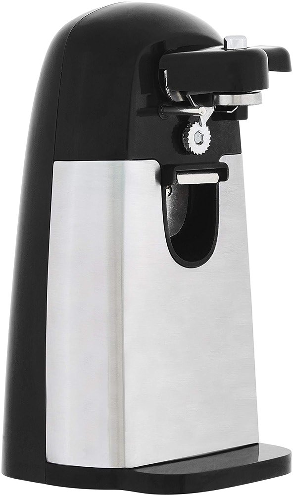 Amazon Basics 3-In-1 Electric Can Opener, Bottle Opener and Knife Sharpener with Stainless Steel Blade, Magnetic Lid Holder, Safe, Easy to Use, Powerful, Sleek Design, 50W, Black - Product Image