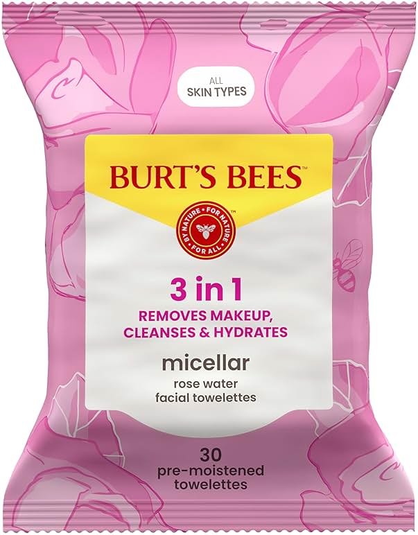 Burt’s Bees Micellar Rose Water Facial Towelettes, 100% Plant Based Cloth; 99% Natural Origin; Remove Makeup, Cleanse, Hydrate; No Greasy, Oily Residue; All Skin Types (Pack May Vary) - Product Image