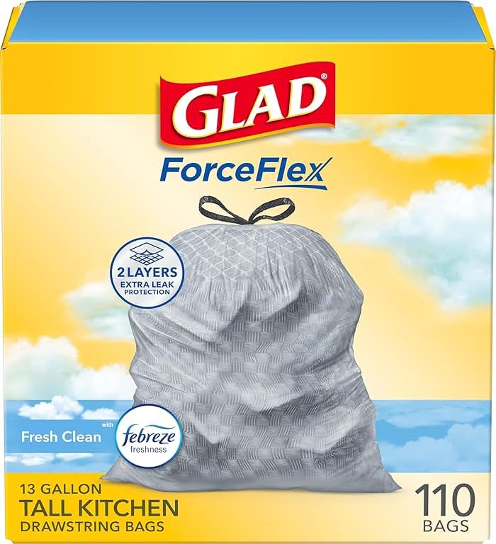 Glad Tall Kitchen Drawstring Trash Bags - Odorshield 13 Gallon White Trash Bag, Febreze Fresh Clean, 110 Count - Product Image