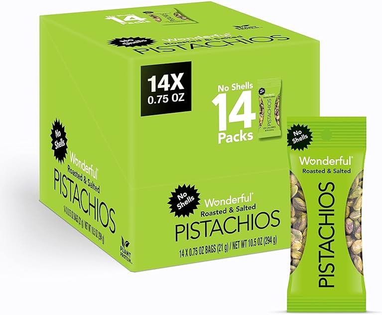 Wonderful Pistachios No Shells, Roasted & Salted Nuts, 0.75 Ounce Bag (Pack of 14), Protein Snacks, Vegan Snacks, On-the-Go, Individual Snacks for Adults - Product Image