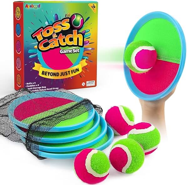Ayeboovi Toss and Catch Ball Set Boys Toys Outdoor Toys Yard Games Outside Games Beach Toys for Kids Ball and Catch Game with 4 Paddles and 4 Balls [Upgraded Version] - Product Image