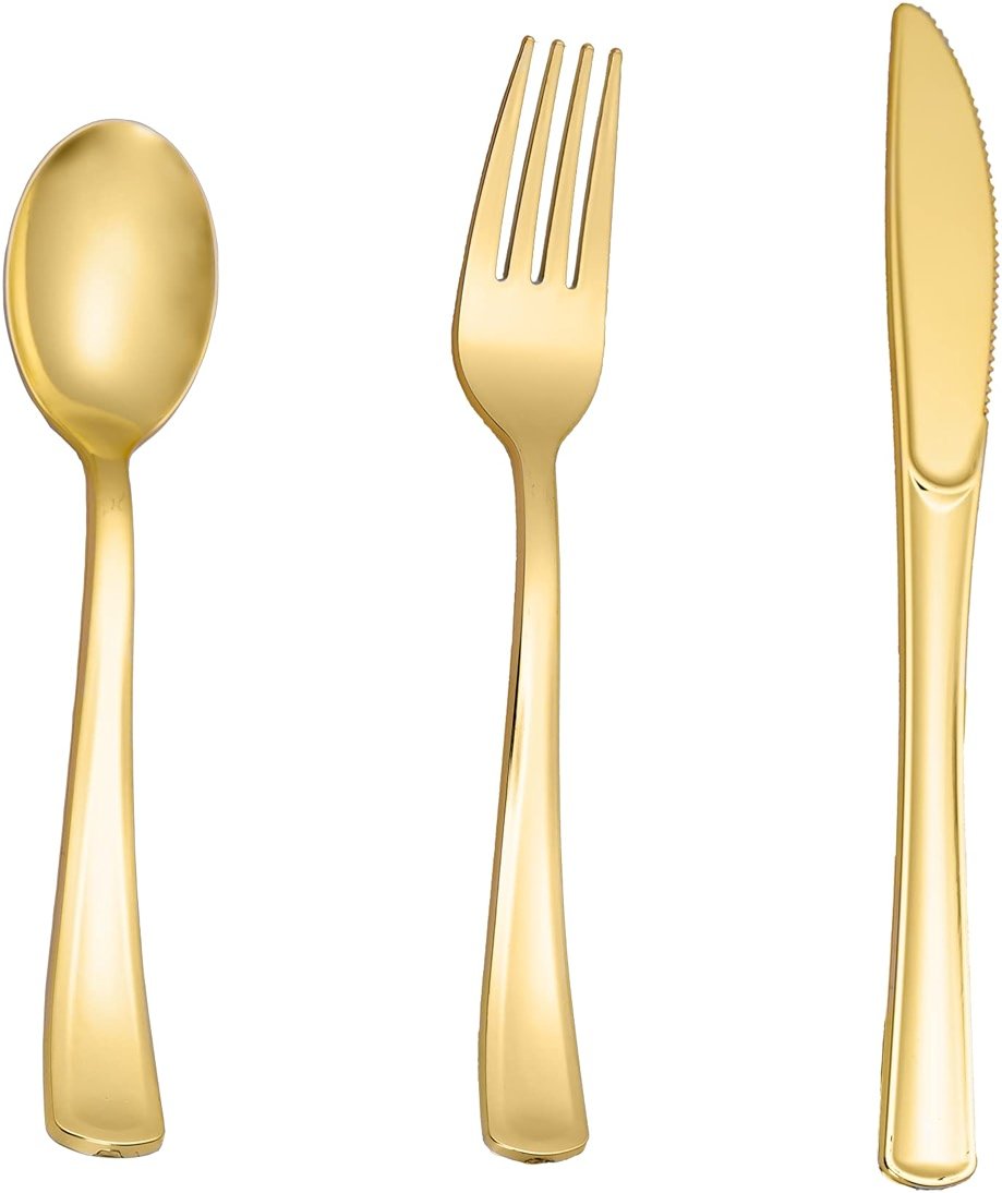 N9R 160pcs Gold Plastic Silverware - Gold Plastic Utensils Set - Tableware Flatware Kit 80 Forks, 40 Spoons, 40 Knives Disposable Cutlery Set for Party, Wedding, Birthday - Product Image