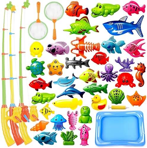 CozyBomB™ Magnetic Fishing Toys Game Set for Kids | Water Table Bathtub Kiddie Pool Party Pole Rod Net, Outdoor Plastic Floating Fish, Toddler Bath Color Ocean Sea Animals Birthday Gift Age 3-5 6 4-8 - Product Image