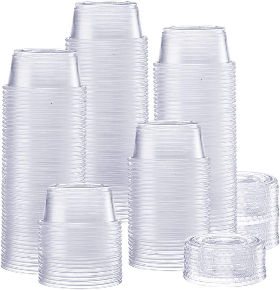 GUSTO 2 oz Jello Shot Cups with Lids [200 Count] Clear Plastic Portion Containers, Condiment Cups for Sauces, Dressings & Samples – Durable, Stackable, Leak-Resistant (Formerly Comfy Package) - Product Image