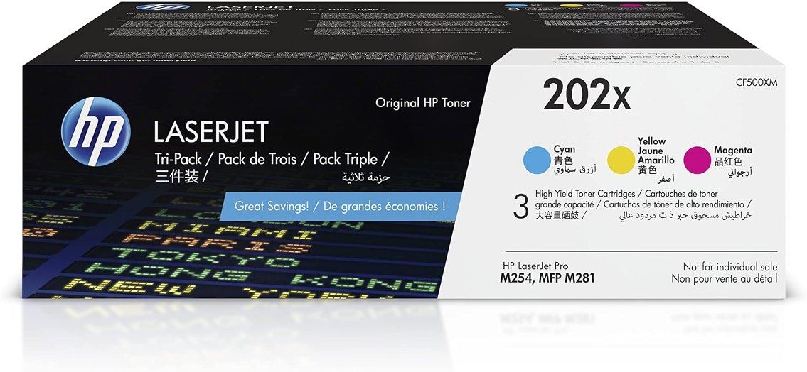 HP 202X Cyan, Magenta, Yellow High-Yield Toner Cartridge Printers (3-Pack) | Works with Color LaserJet Pro M254, Color LaserJet Pro MFP M281 Series | CF500XM - Product Image