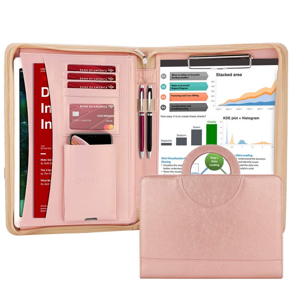 Darolin Vegan Leather Padfolio Portfolio with Handle, Zipper -Rosegold | Business Portfolio Organizer for Meetings, Interviews, Travel, Resume, Clipboard Fits A4, Letter Size, Padfolio for Men Women - Product Image