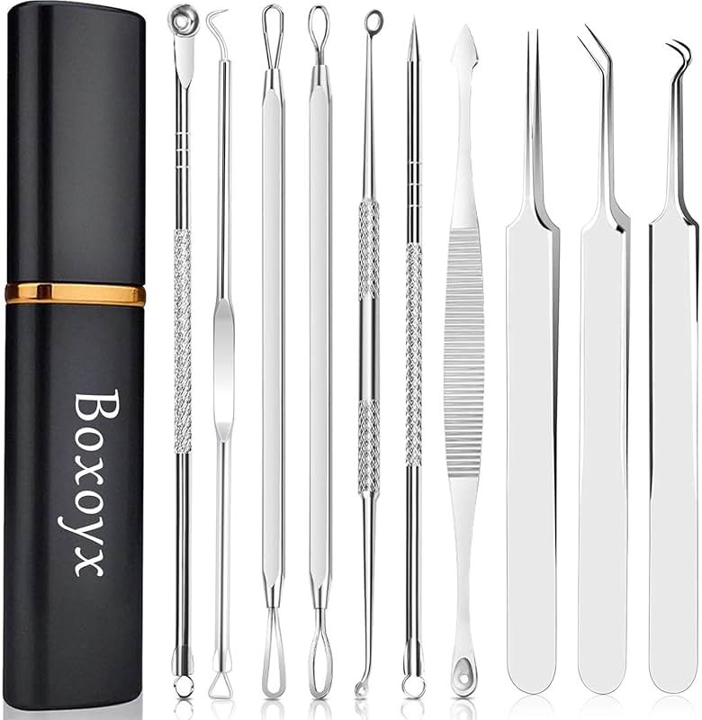 Pimple Popper Tool Kit - Boxoyx 10 Pcs Blackhead Remover Comedone Extractor Kit with Metal Case for Quick and Easy Removal of Pimples, Blackheads, Zit Removing, Forehead,Facial and Nose(Silver) - Product Image