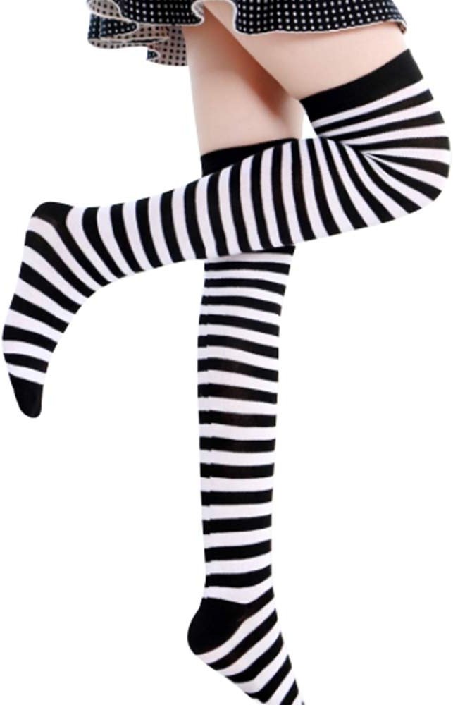 ZIXIANNIU Halloween Womens Long Striped Thigh High Socks, Black | Cotton, Over the Knee, Leg Warmers, Christmas Stockings - Product Image