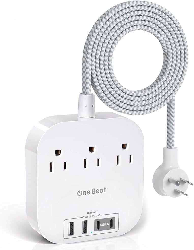 One Beat Power Strip with USB C, 3 Outlets 4 USB Ports (22.5W/4.5A) Desktop Charging Station, Flat Plug, 6ft Braided Extension Cord, Non Surge Protector for Travel, Cruise Ship, ETL Listed - Product Image