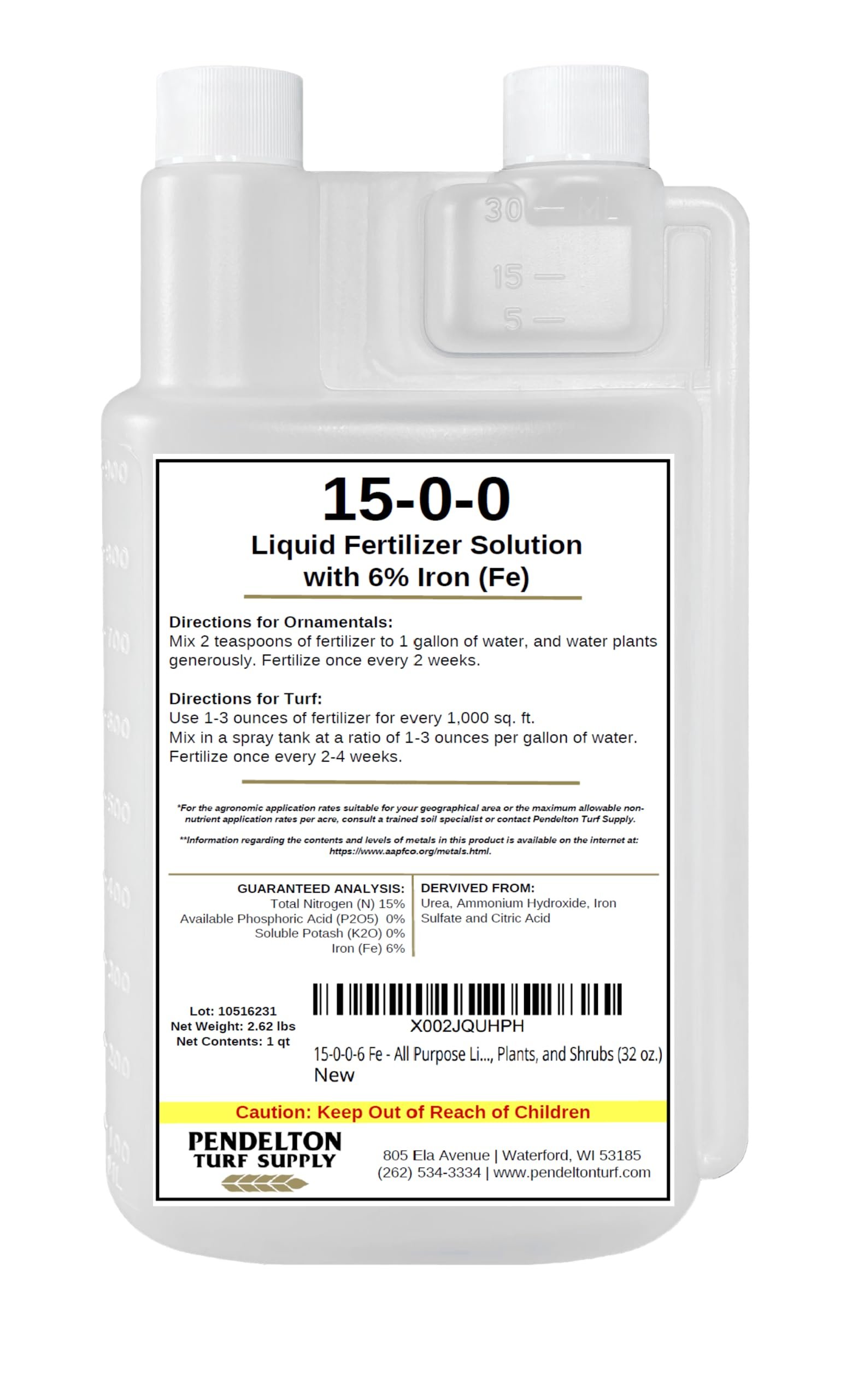 Pendelton Turf Supply Inc. 15-0-0-6 Fe All Purpose Liquid Iron Fertilizer Solution for Darker, Greener Turf, Plants, and Shrubs (32 oz.) - Product Image