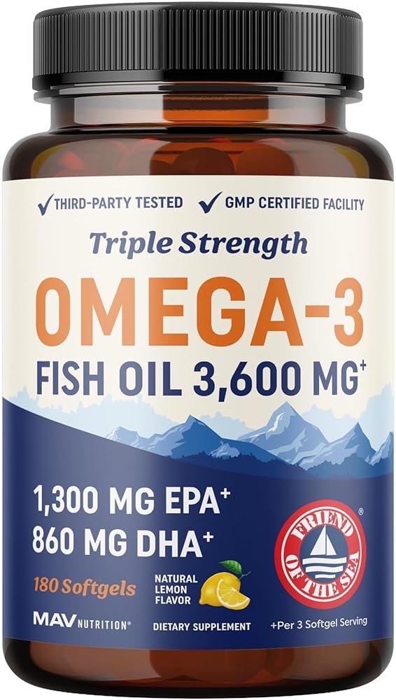 Triple Strength Omega 3 Fish Oil 3600 mg | EPA & DHA | Over 2100mg Omega-3 Fatty Acids | 1300mg EPA + 860mg DHA | Best Essential Fatty Acids | Premium Wild Caught & Burpless Fish Oil | 180 Ct - Product Image