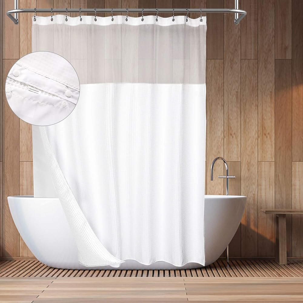 Hotel Style Cotton Shower Curtain with Snap-in Fabric Liner, Mesh Window Top, Honeycomb Waffle Weave Cotton Blend Fabric, Washable, White, 72x72 Inches - Product Image