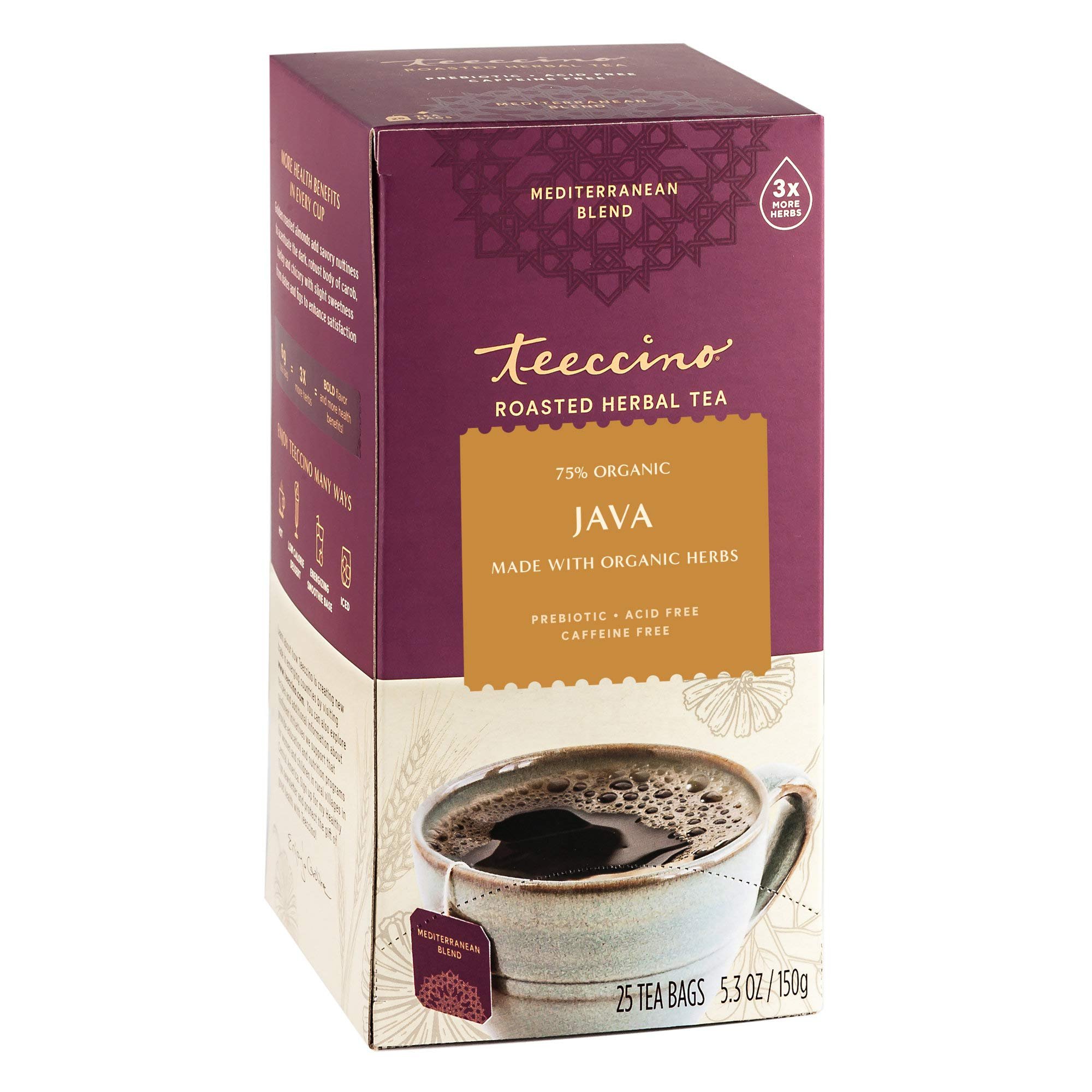Teeccino Java Herbal Tea - Rich & Roasted Herbal Tea That’s Caffeine Free & Prebiotic for Natural Energy, 25 Tea Bags - Product Image