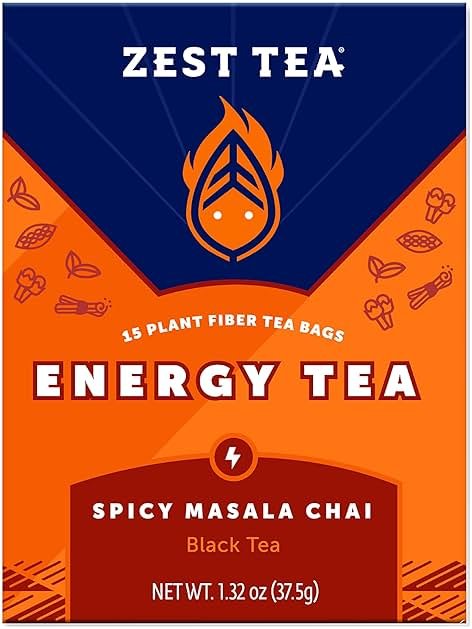 Zest Energy Black Tea - Spicy Masala Chai - High Caffeine Cardamom Ginger Tea with Cinnamon, Cloves & Vanilla Chai - Caffeinated Coffee Alternative - Natural, Non-GMO & Keto - 15Ct Box - 150mg Caf - Product Image