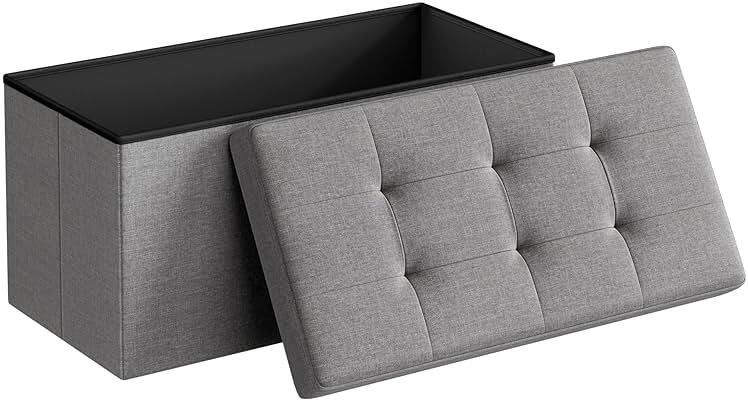SONGMICS MAZIE Collection - 30 Inches Folding Storage Ottoman Bench, Ottoman Foot Rest, End of Bed Bench, Storage Chest, Load 660 lb, for Living Room, Bedroom, Entryway, Light Gray ULSF47G - Product Image