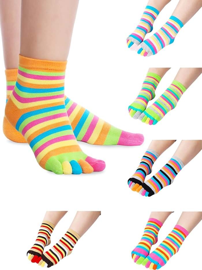 SATINIOR 6 Pairs Rainbow Stripe Toe Socks Women Rainbow Toe Socks Colorful Cotton Full Finger Sock for Athletic Running - Product Image