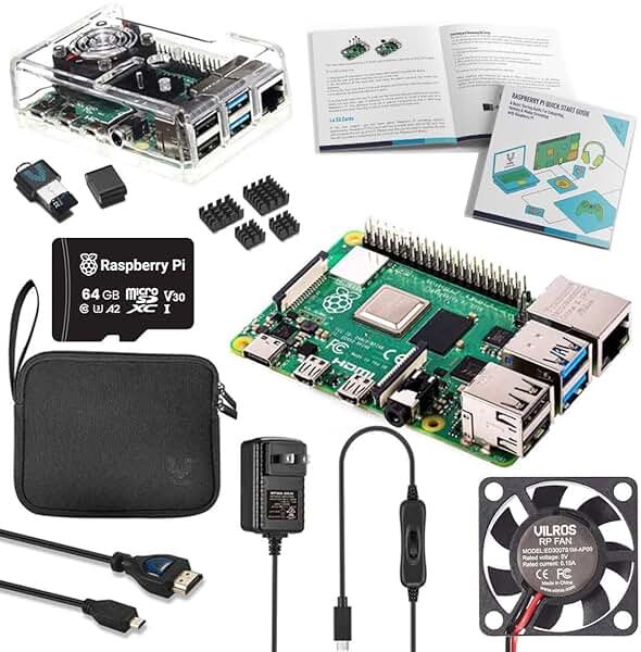 Vilros Raspberry Pi 4 Complete Starter Kit- Includes Raspberry Pi 4 Board, Fan Cooled Case, 64GB Preloaded Micro SD Card and More (4GB, Clear Transparent Case) - Product Image