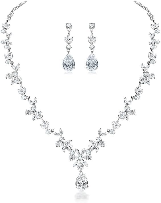 Hadskiss Jewelry Set for Women, Necklace Dangle Earrings Bracelet Set with White AAA Cubic Zirconia, Allergy Free Wedding Party Jewelry for Bridal Bridesmaid - Product Image