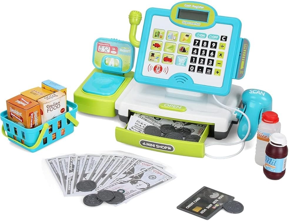 FS Pretend Play Calculator Cash Register Toy as Preschool Gift for Kids, Classic Count Toy with Sound, Microphone, Scanner, Pretend Credit Card, Play Food for Boys & Girls,45 Pieces, Ages 3 4 5 6 7 - Product Image