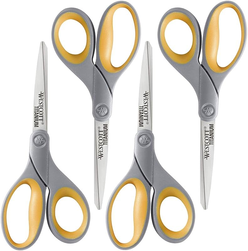 Westcott 8-Inch Titanium Bonded Scissors for Home, Office, and Classroom - Perfect for Cutting Paper, Sewing, and Crafts - Heavy-Duty Design with Soft Handle - Gray/Yellow - 4-Pack - Product Image