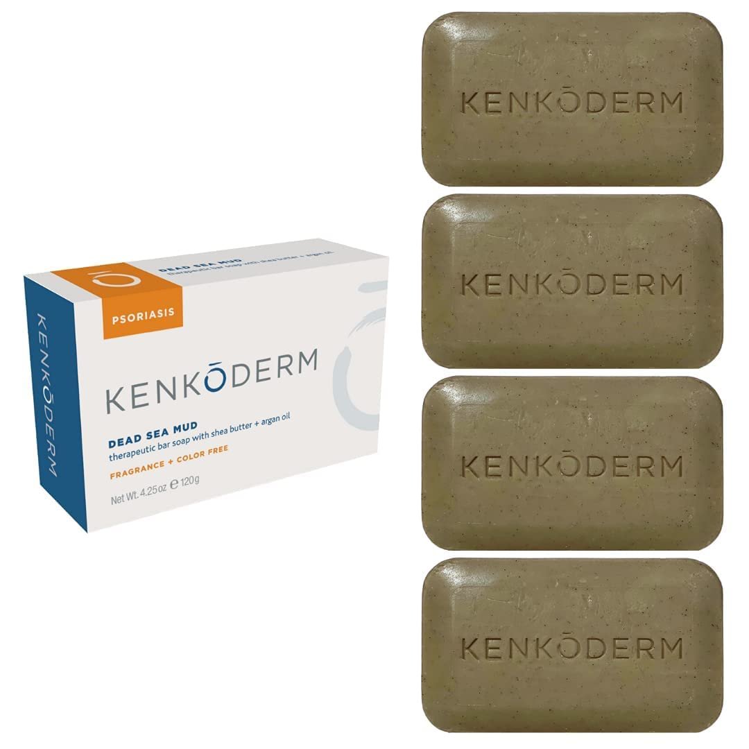 Kenkoderm Psoriasis Dead Sea Mud Soap with Argan Oil & Shea Butter, Natural Exfoliating Body & Face Cleanser for Sensitive Skin, Fragrance & Color-Free, 4.25 Ounce, 4 Bars - Product Image