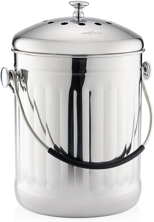 RED FACTOR Premium Compost Bin for Kitchen Countertop - Stainless Steel Food Waste Bucket with Innovative Dual Filter Technology - Includes Spare Filters (Brilliant Steel, 1.3 Gallon) - Product Image